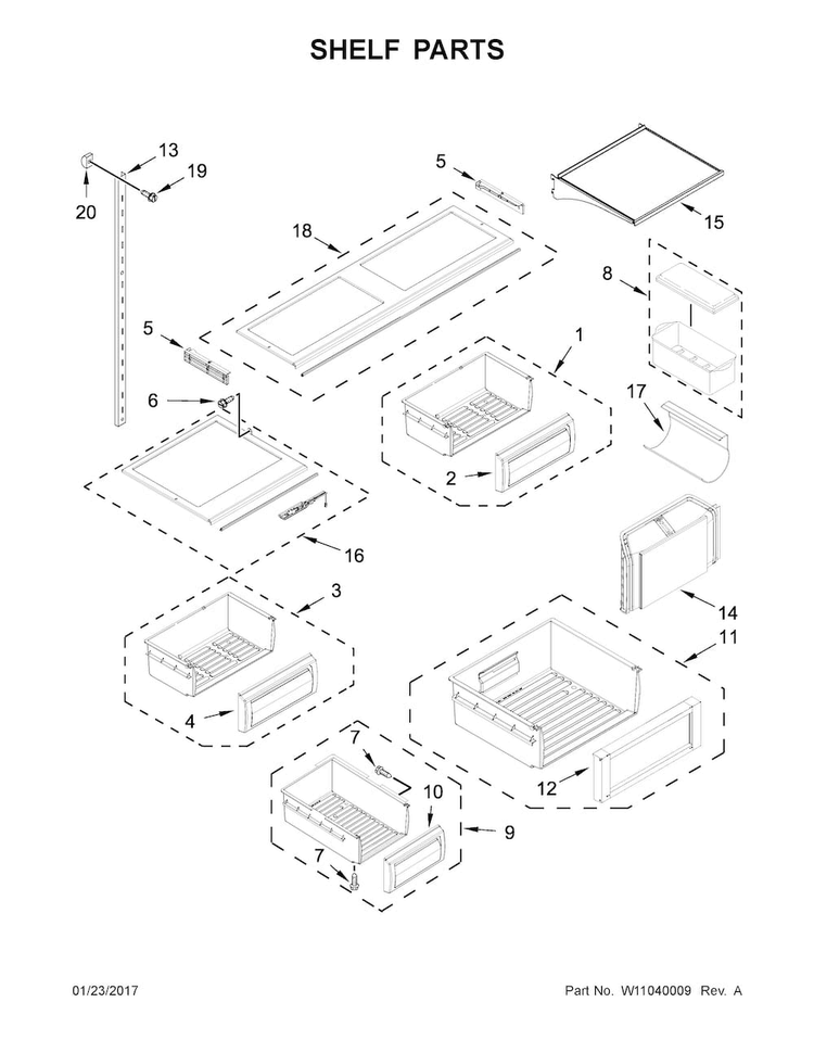 Shelf Parts Diagram and Parts List for KBFN506ESS01  KitchenAid Refrigerator