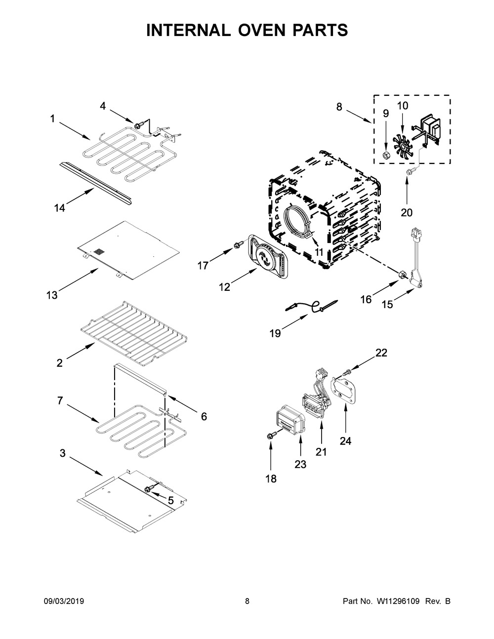 Internal Oven Parts Diagram and Parts List for KOSE900HSS00  Whirlpool Wall Oven
