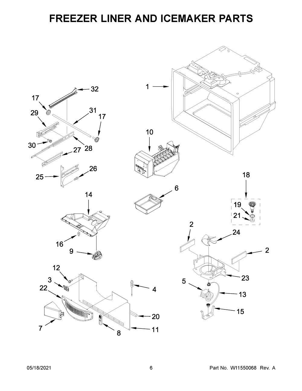 Freezer Liner And Icemaker Parts Diagram and Parts List for KRFF302EBS04  Whirlpool Refrigerator