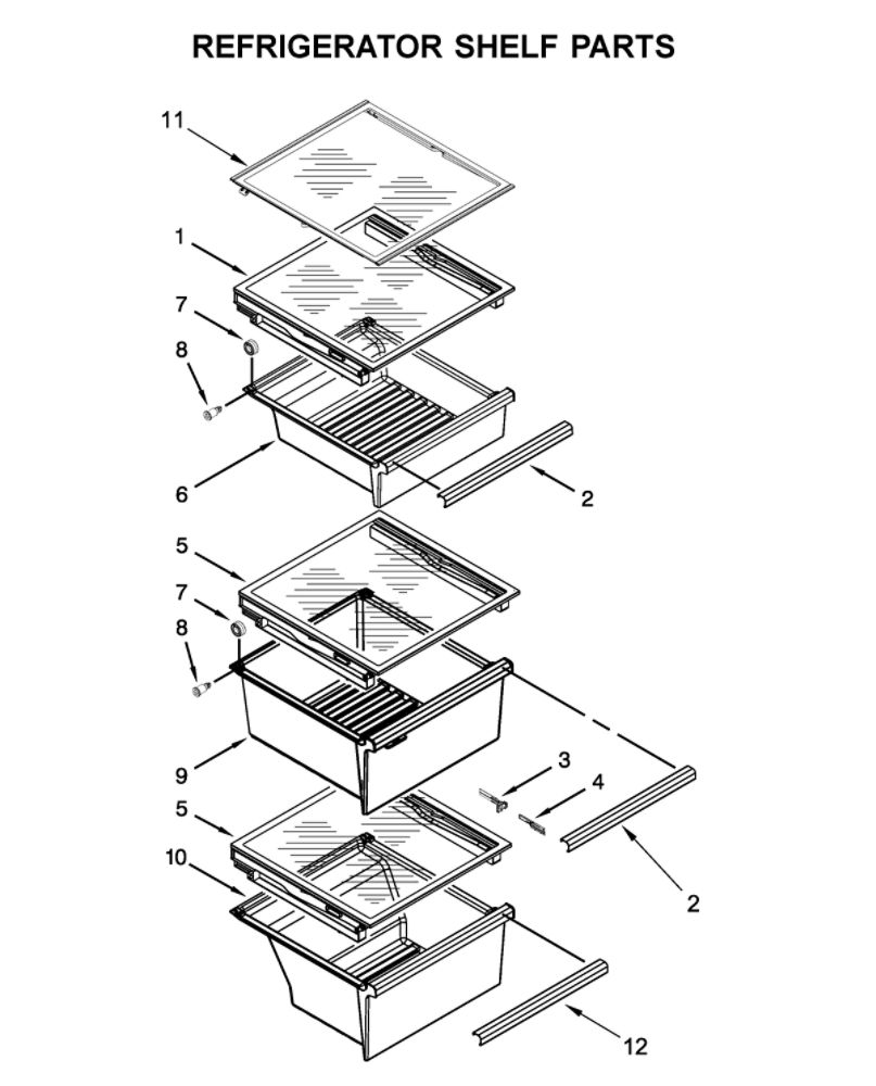 Refrigerator Shelf Parts Diagram and Parts List for WRSA71CIHN01  Whirlpool Refrigerator