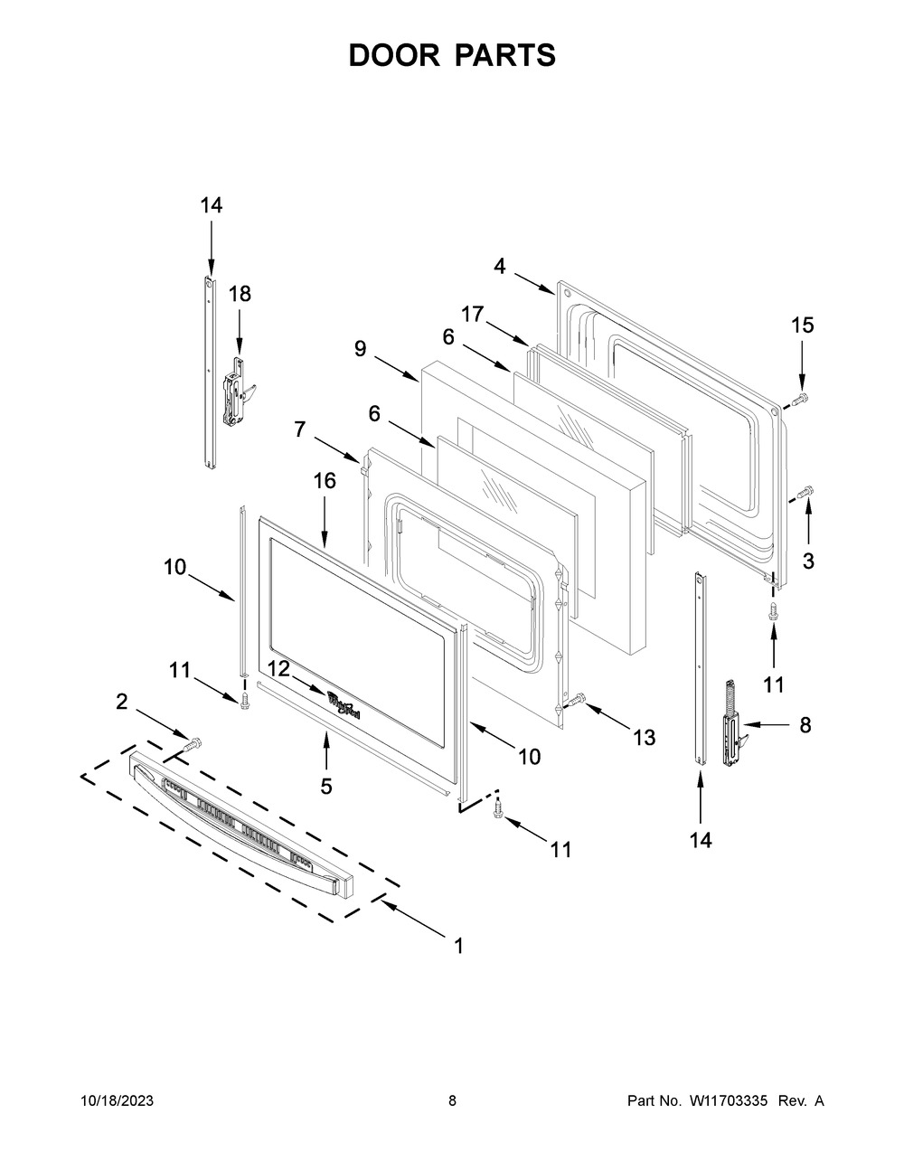 Door Parts Diagram and Parts List for WFE515S0JW4  Whirlpool Range