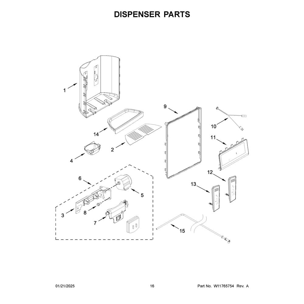 Dispenser Parts Diagram and Parts List for WRSF5836RZ00  Whirlpool Refrigerator