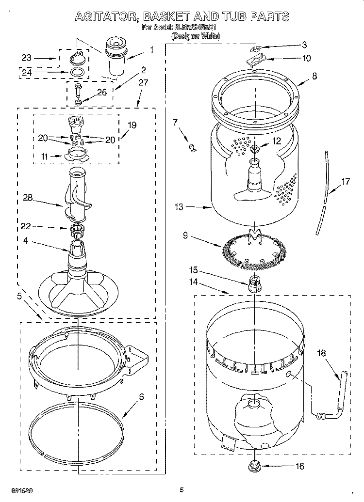 AGITATOR, BASKET AND TUB Diagram and Parts List for 6LBR6245EQ1  Whirlpool Washer