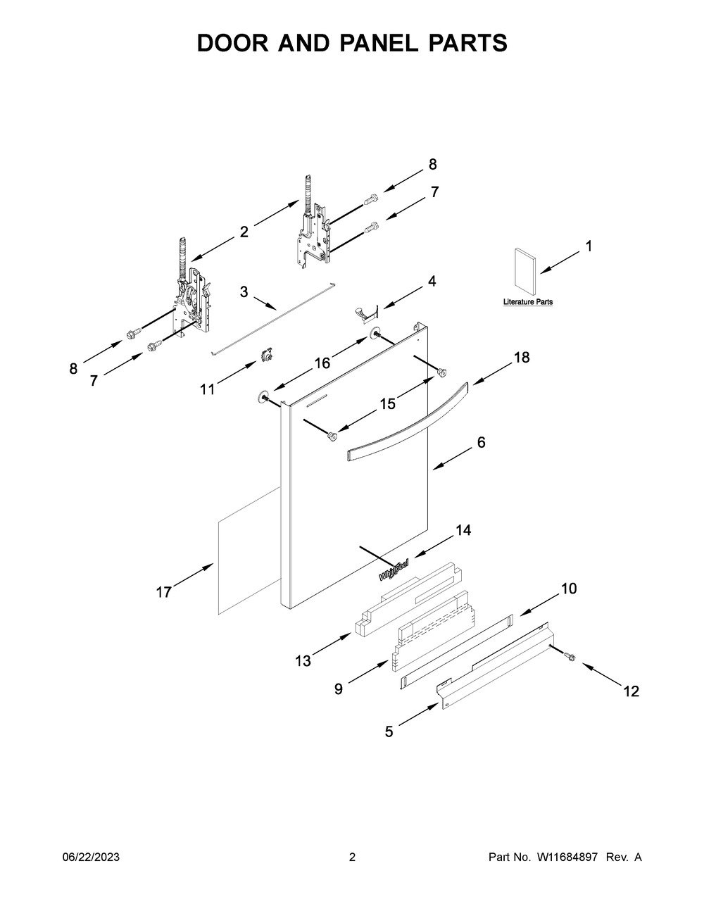 Door And Panel Parts Diagram and Parts List for WDT970SAKZ2  Whirlpool Dishwasher