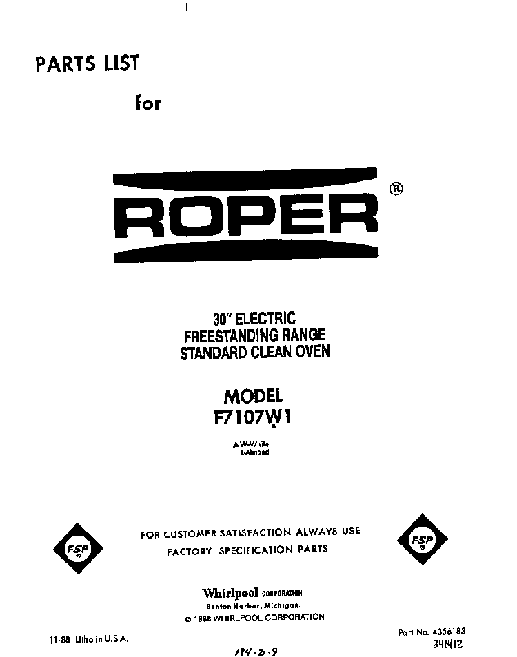Front Cover Diagram and Parts List for F7107*1  Roper Range