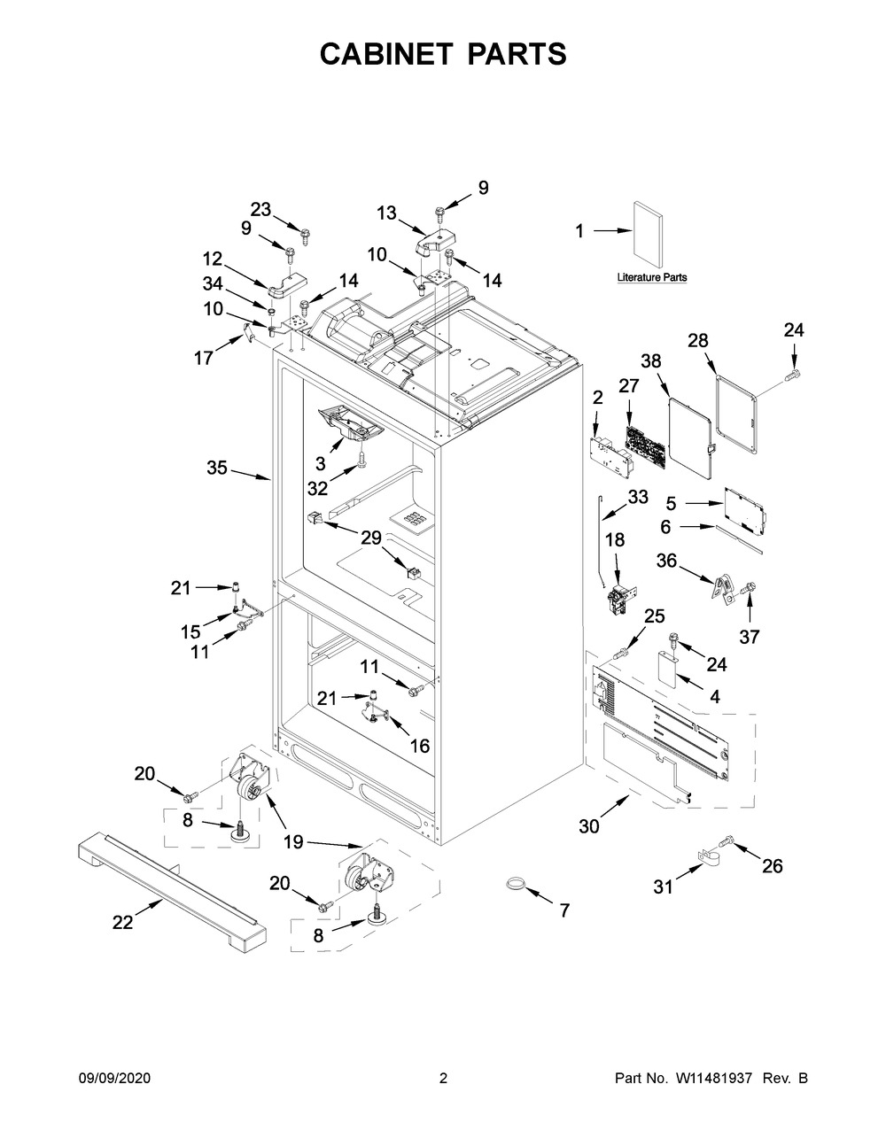 Cabinet Parts Diagram and Parts List for KRMF706EBS04  Whirlpool Refrigerator