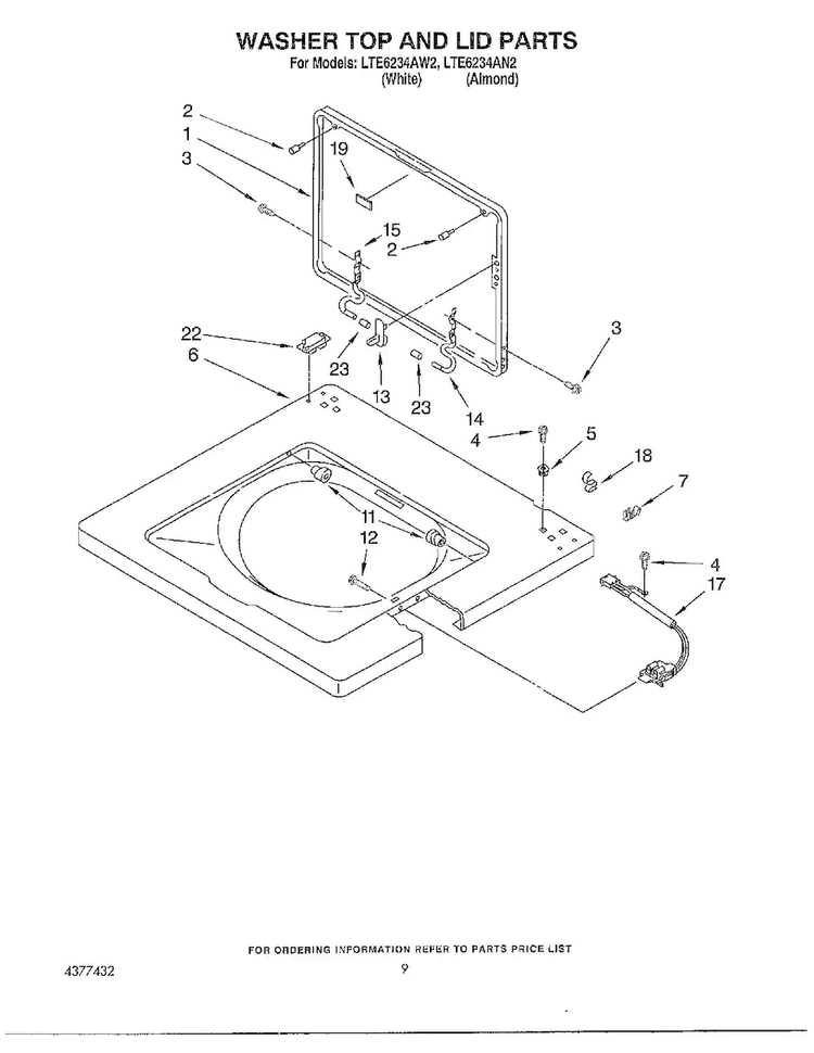 Wsaher Top And Lid Parts Diagram and Parts List for LTE6243AN2  Whirlpool Washer Dryer Combo