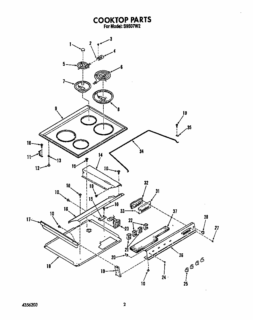 Cooktop Diagram and Parts List for S9507*2  Roper Range