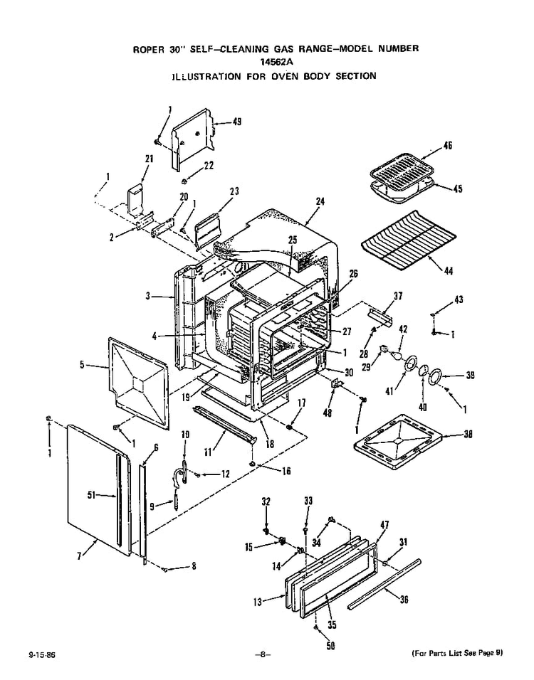 Oven Body Diagram and Parts List for 1456*2A  Roper Range