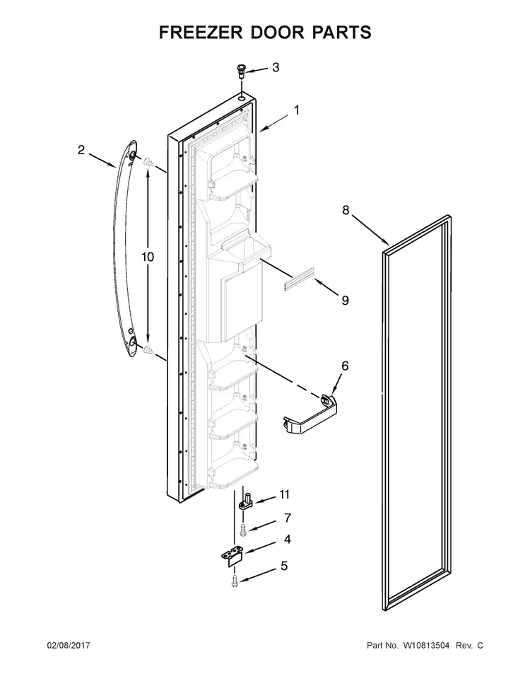 Freezer Door Parts Diagram and Parts List for WRS325FDAT04  Whirlpool Refrigerator