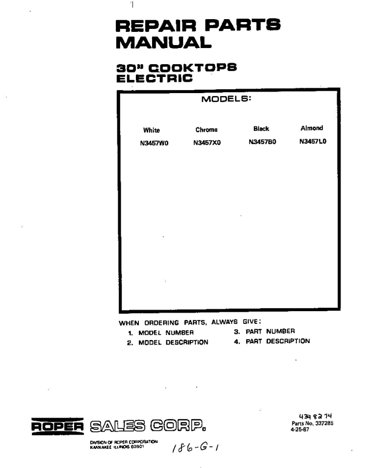 Front Cover Diagram and Parts List for N3457*0  Roper Range