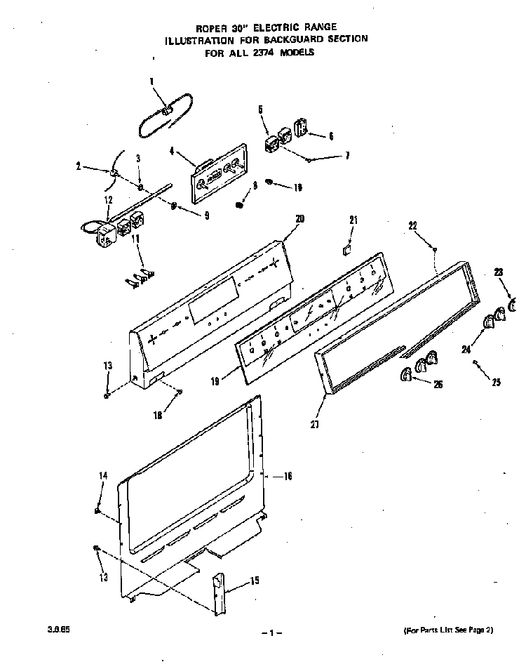 Backguard Diagram and Parts List for 2374*0A  Roper Range