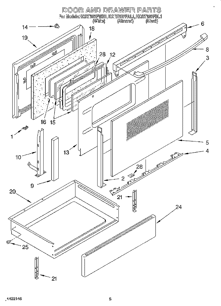 DOOR & DRAWER Diagram and Parts List for KGRT507FBL1  KitchenAid Range