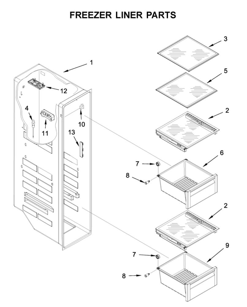 Freezer Liner Parts Diagram and Parts List for WRS970CIHZ00  Whirlpool Refrigerator