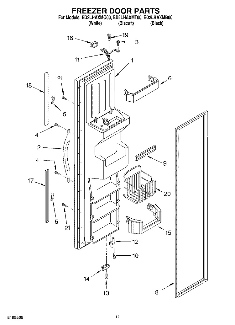 FREEZER DOOR PARTS Diagram and Parts List for ED2LHAXMT00  Whirlpool Refrigerator