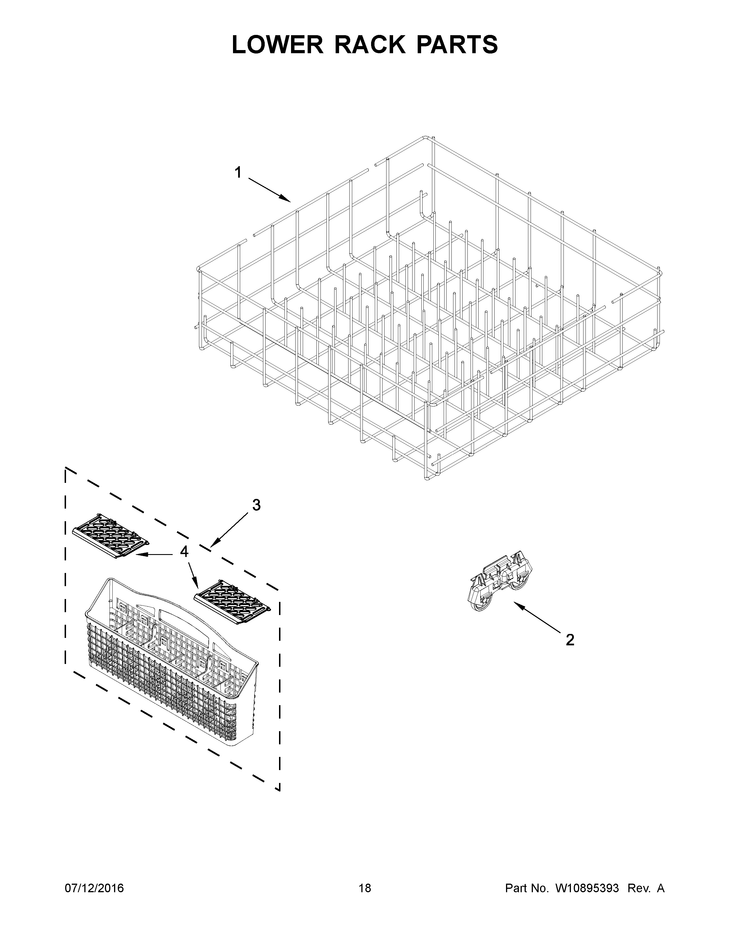 Lower Rack Parts Diagram and Parts List for 66514422N511  Kenmore Dishwasher