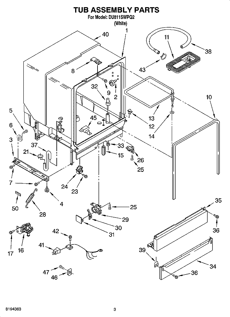 TUB ASSEMBLY PARTS Diagram and Parts List for DU811SWPQ2  Whirlpool Dishwasher