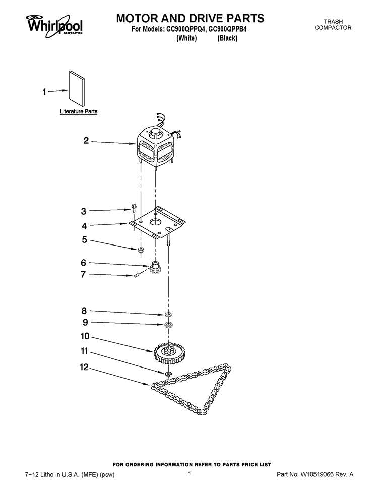 MOTOR AND DRIVE PARTS Diagram and Parts List for GC900QPPQ4  Whirlpool Trash Compactor
