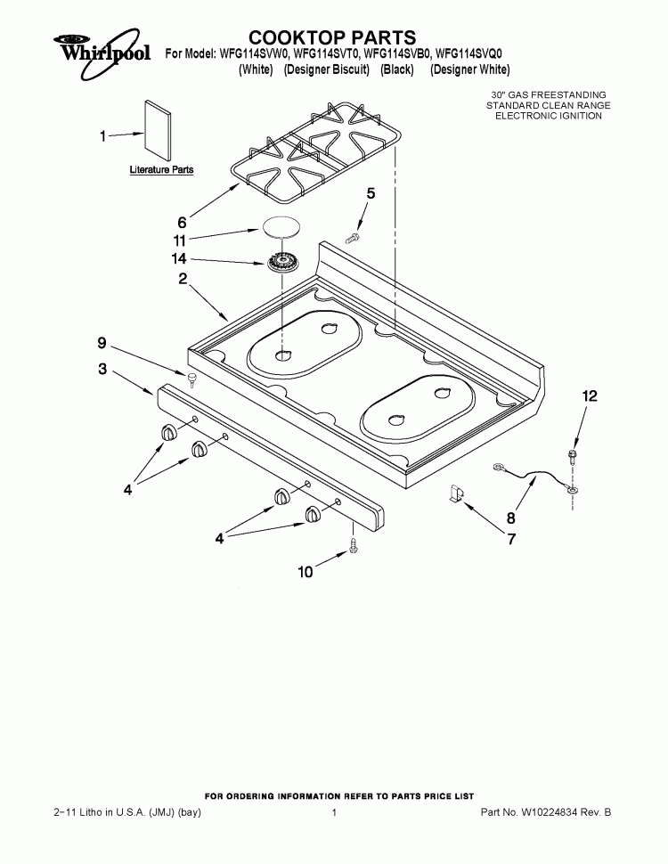 COOKTOP PARTS Diagram and Parts List for WFG114SVB0  Whirlpool Range