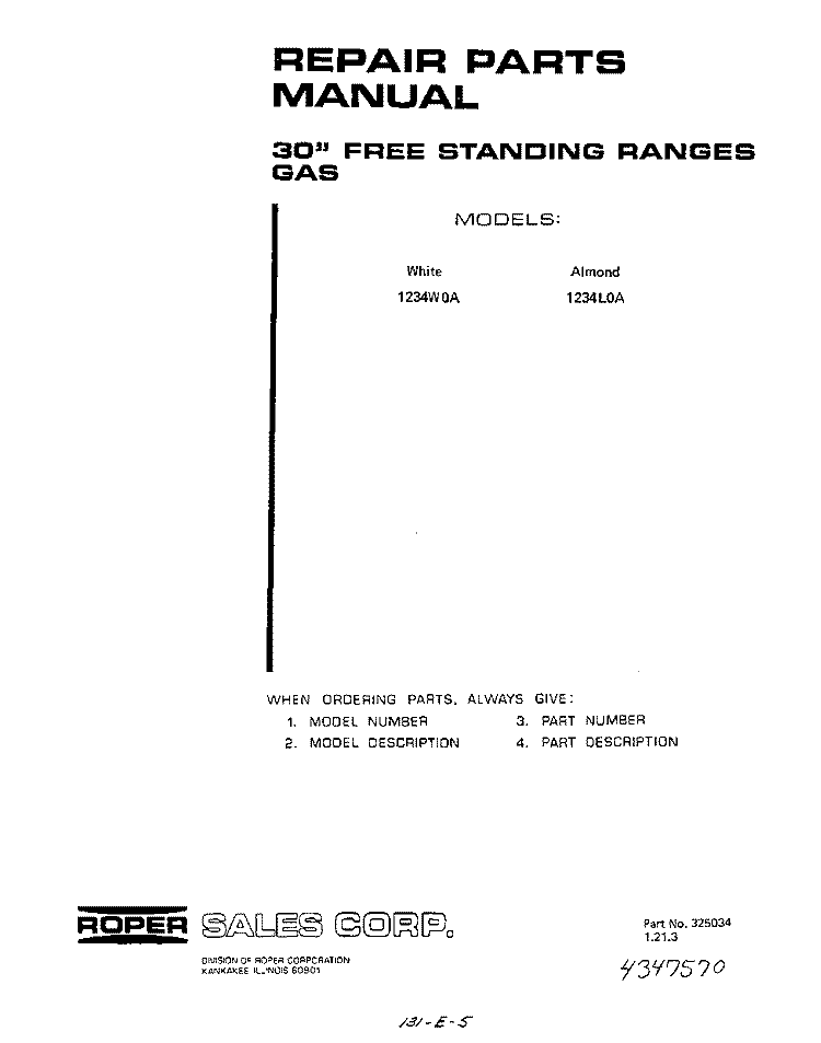 BACKGUARD Diagram and Parts List for 1234W0A  Roper Range