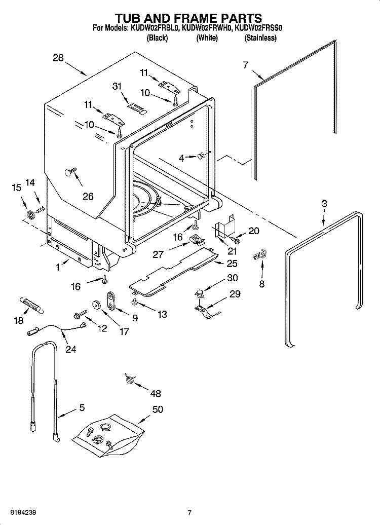 TUB AND FRAME PARTS Diagram and Parts List for KUDW02FRWH0  KitchenAid Dishwasher
