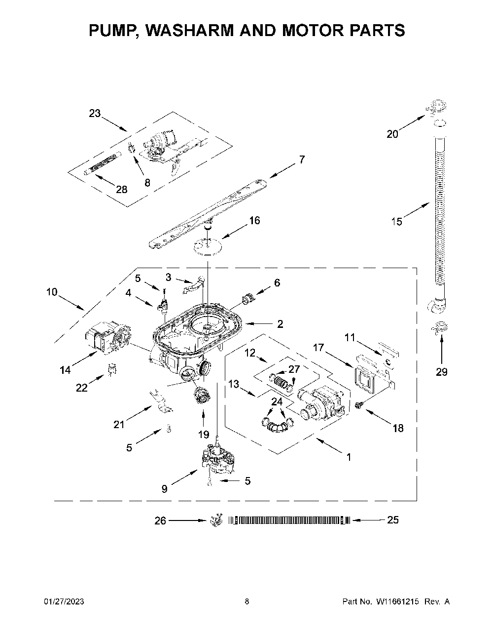 Pump, Washarm And Motor Parts Diagram and Parts List for KDFE204KBL1  KitchenAid Dishwasher