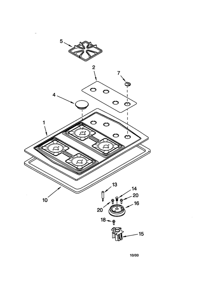 Cooktop, Burner And Grate Diagram and Parts List for SC3004GN1  Whirlpool Cooktop