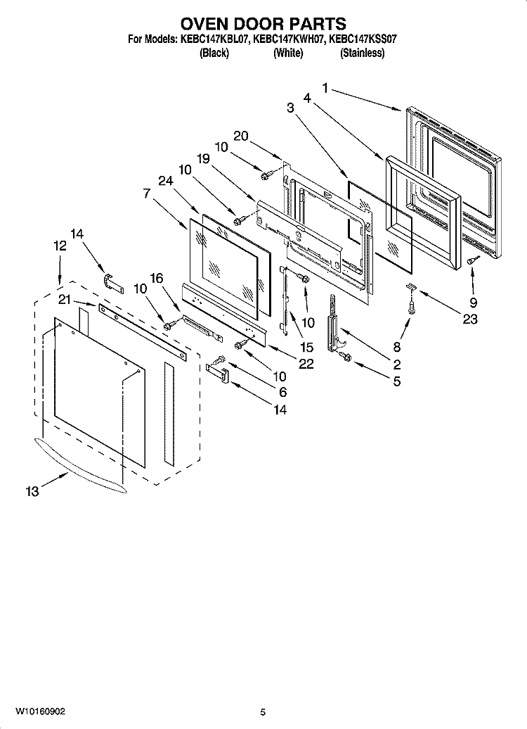 OVEN DOOR PARTS Diagram and Parts List for KEBC147KBL07  KitchenAid Wall Oven