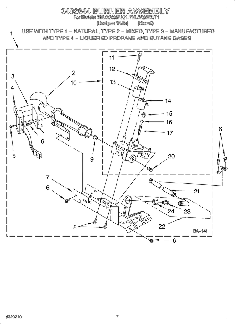 3402844 Burner Diagram and Parts List for OEM3-7MLGQ8857JQ1  Whirlpool Dryer