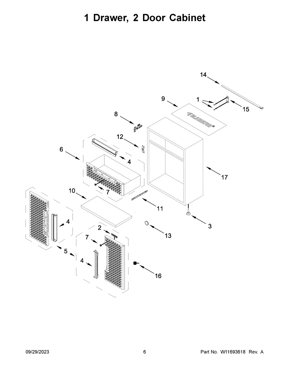 1 Drawer, 2 Door Cabinet Diagram and Parts List for GANF04WCMTS00  Whirlpool Cabinet