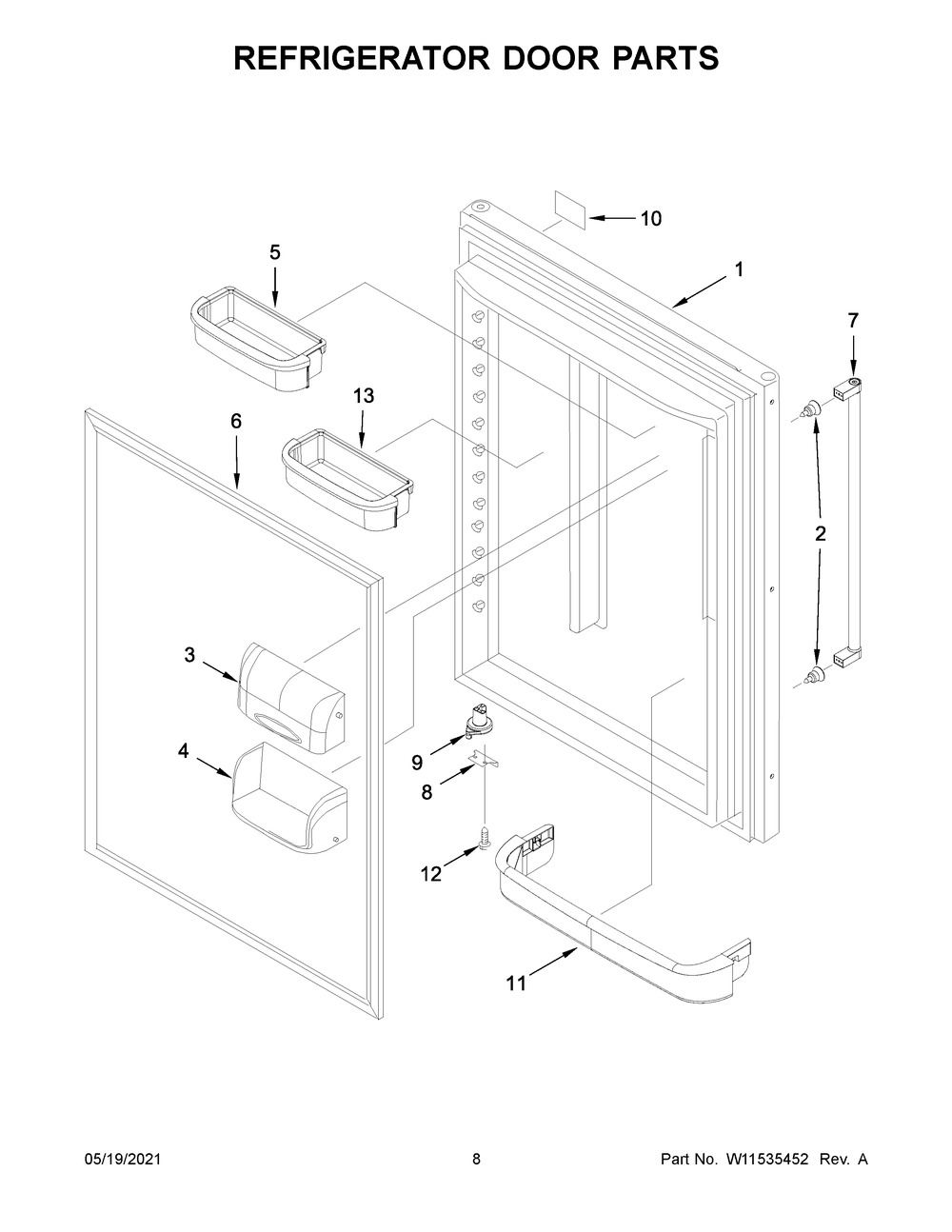 Refrigerator Door Parts Diagram and Parts List for KRBR109ESS03  Whirlpool Refrigerator