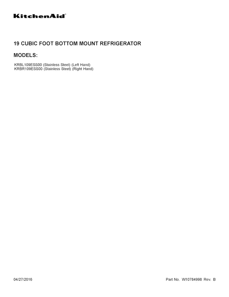 Cover Sheet Diagram and Parts List for KRBR109ESS00  KitchenAid Refrigerator