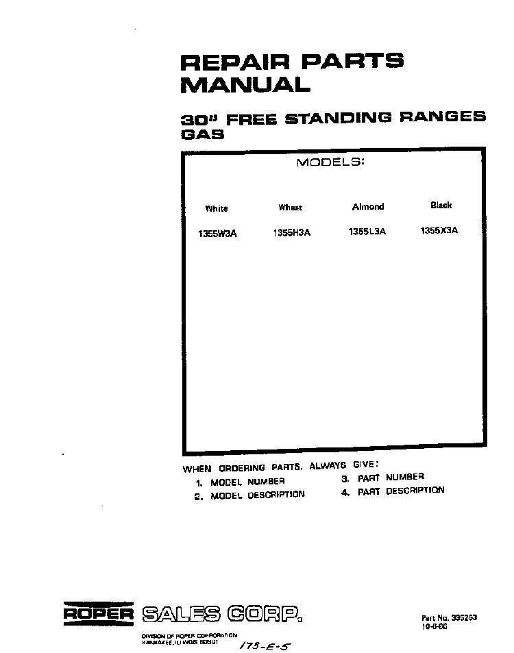 Front Cover Diagram and Parts List for 1355*3A  Roper Range
