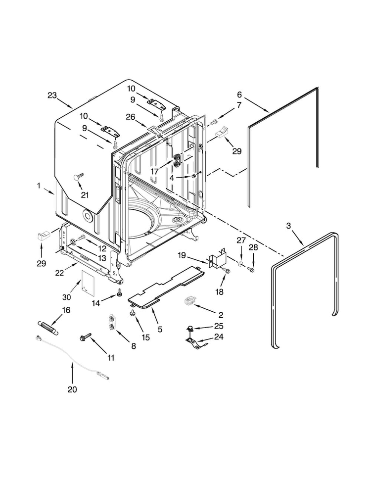 Tub And Frame Parts Diagram and Parts List for WDF775SAYM3  Whirlpool Dishwasher