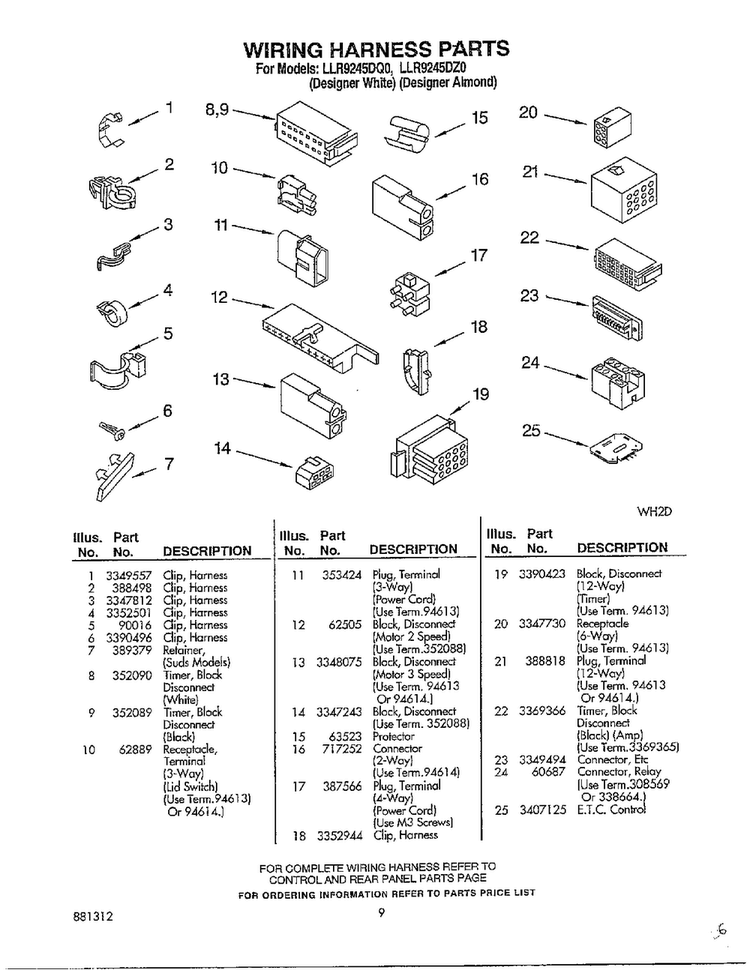 Wiring Harness Parts Diagram and Parts List for LLR9245DQO  Whirlpool Washer