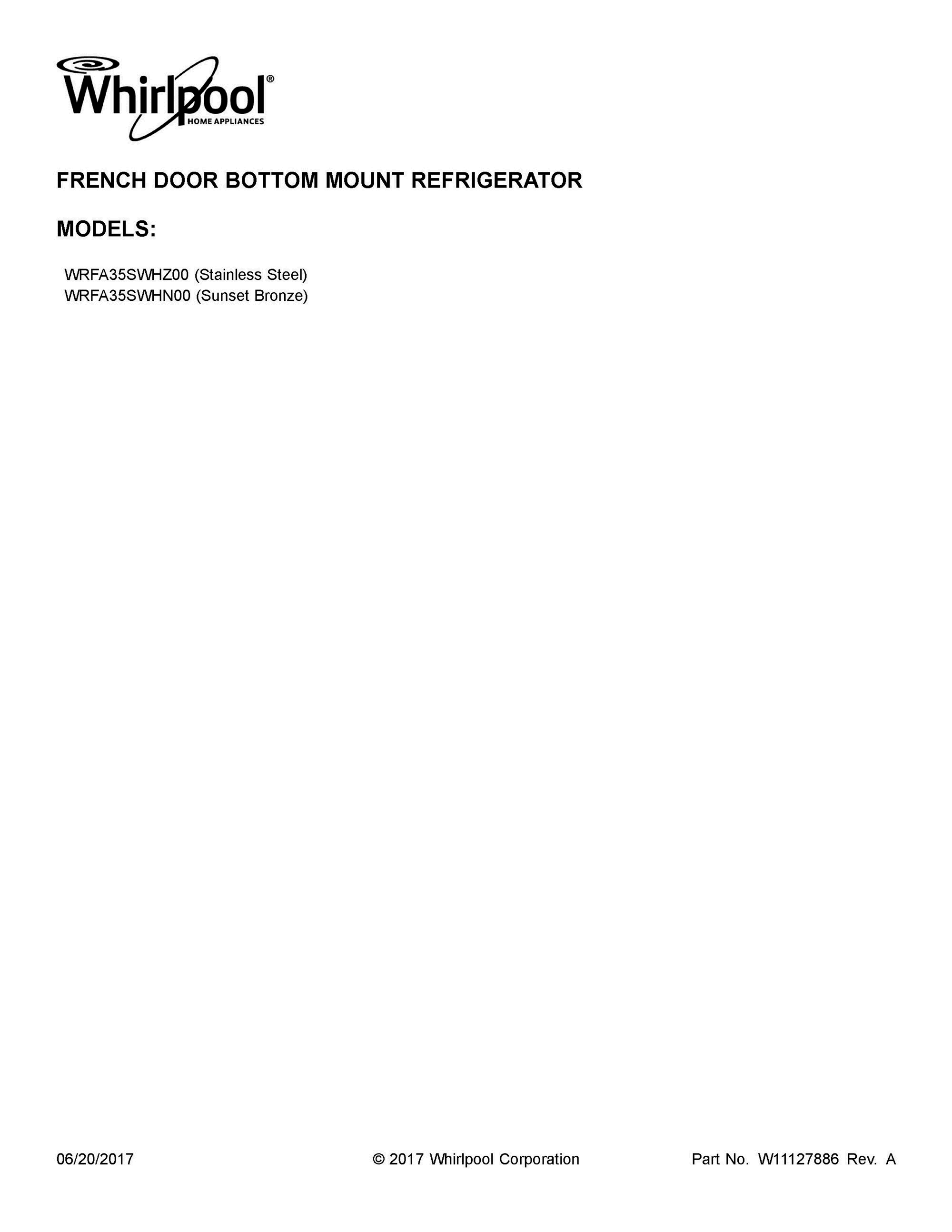 01 - COVER SHEET Diagram and Parts List for WRFA35SWHN00  Whirlpool Refrigerator