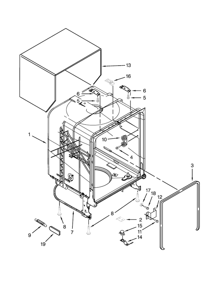 Tub And Frame Parts Diagram and Parts List for WDF310PAAB5  Whirlpool Dishwasher