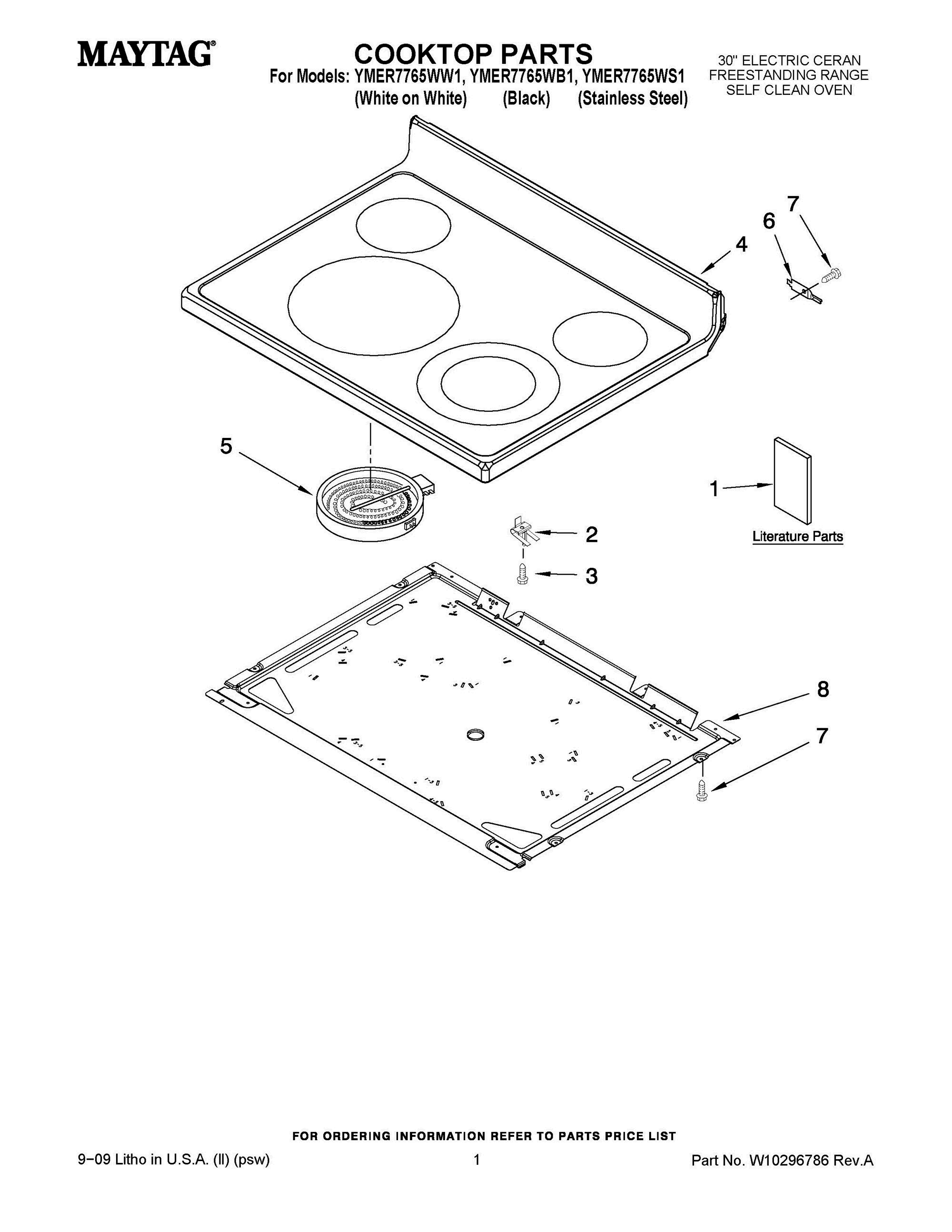 01 - COOKTOP PARTS Diagram and Parts List for YMER7765WB1  Whirlpool Range