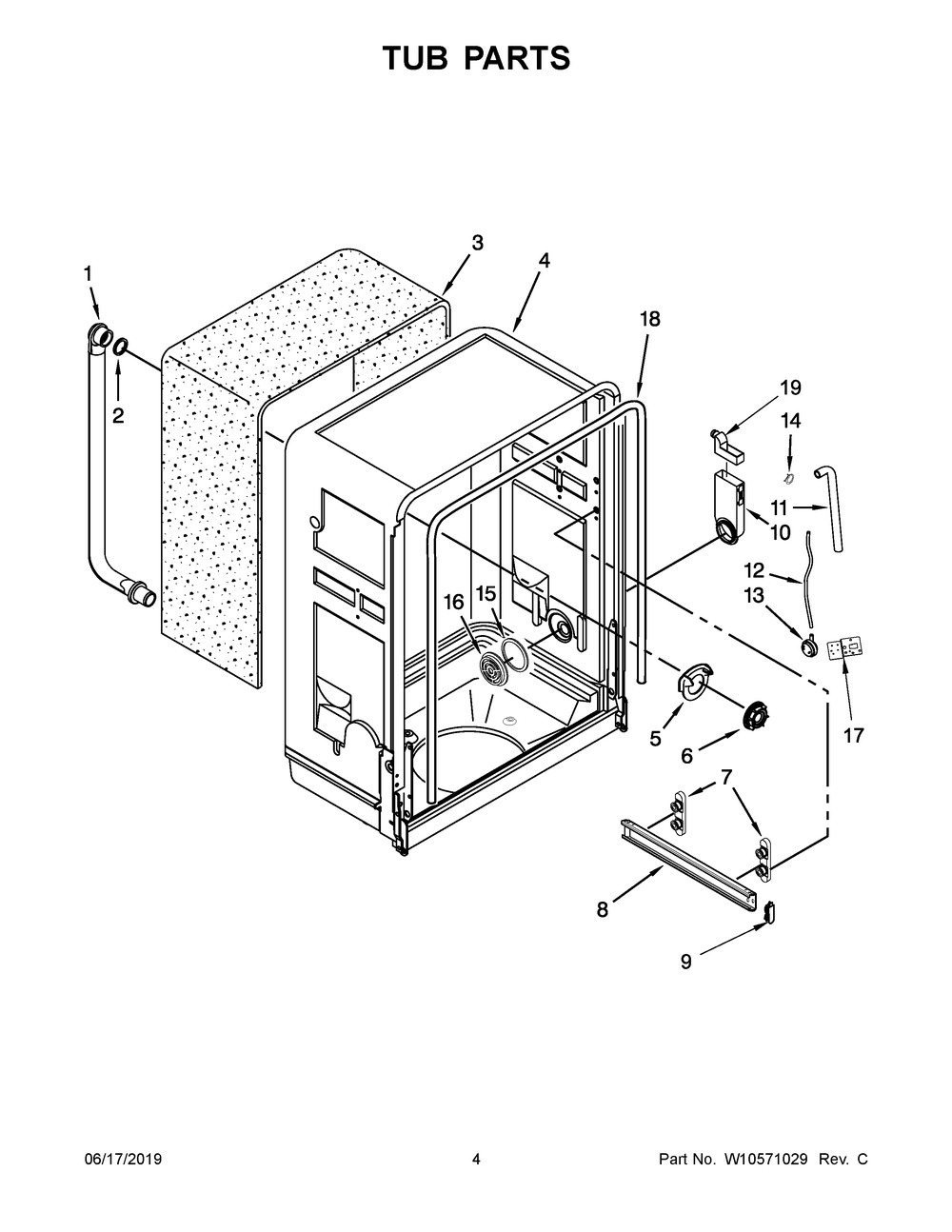 Tub Parts Diagram and Parts List for WDF518SAAM0  Whirlpool Dishwasher