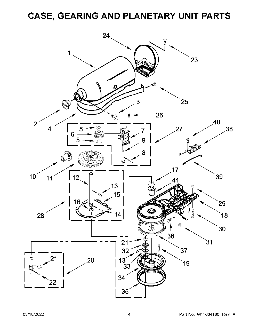 Case, Gearing And Planetary Unit Parts Diagram and Parts List for 5KSM150PSWCU0  KitchenAid Mixer