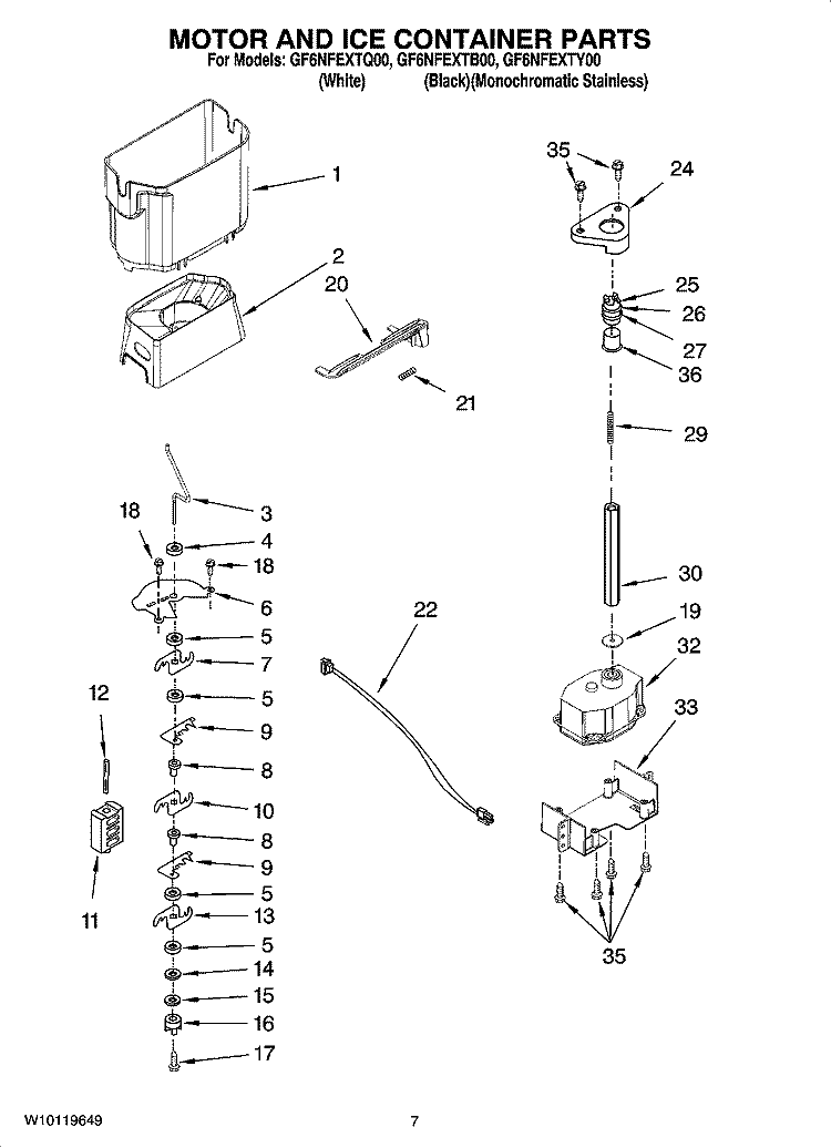 MOTOR AND ICE CONTAINER PARTS Diagram and Parts List for GF6NFEXTB00  Whirlpool Refrigerator