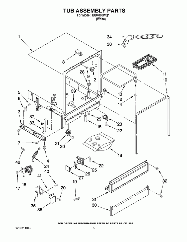 TUB ASSEMBLY PARTS Diagram and Parts List for IUD4000WQ1  Whirlpool Dishwasher