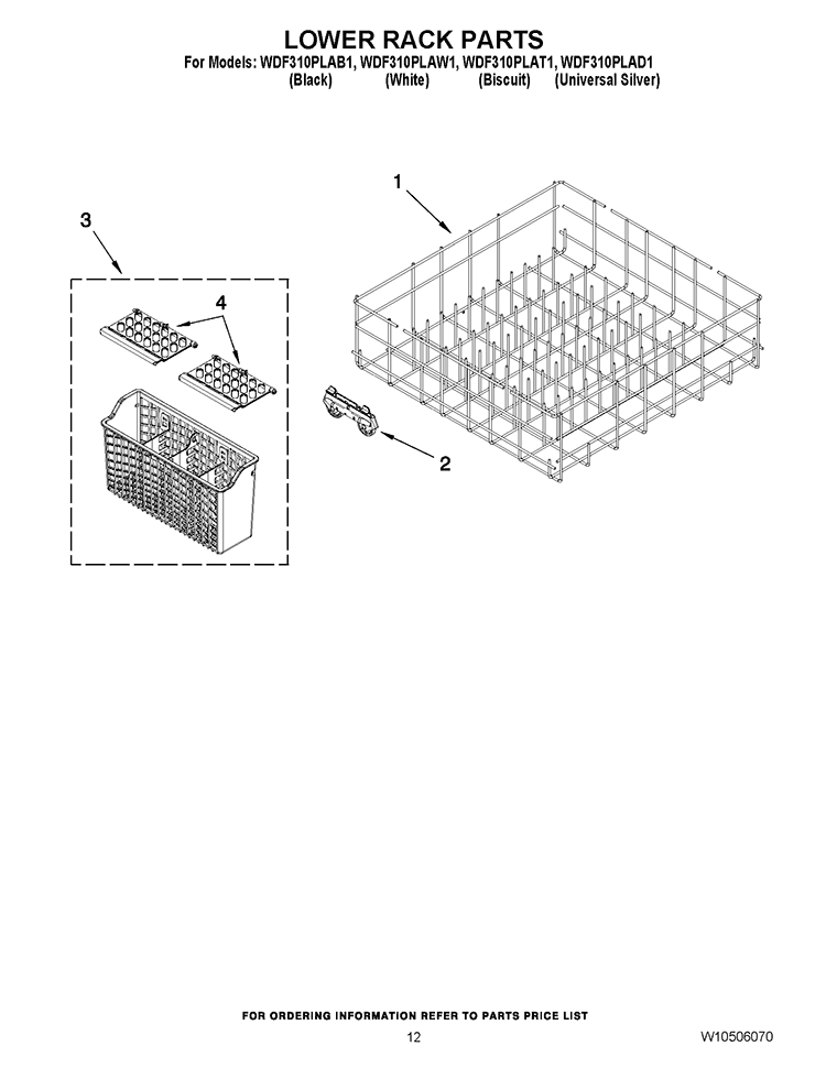 LOWER RACK PARTS Diagram and Parts List for WDF310PLAD1  Whirlpool Dishwasher
