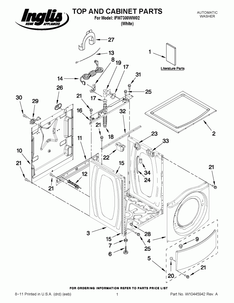 TOP AND CABINET PARTS Diagram and Parts List for IFW7300WW02  Inglis Washer