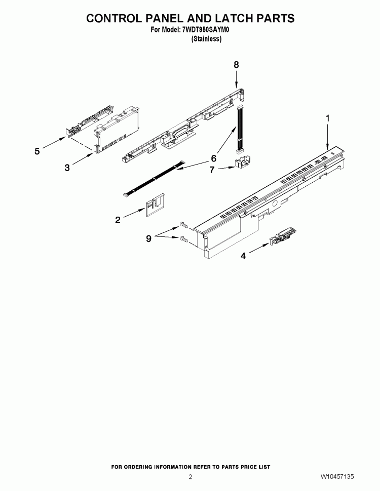CONTROL PANEL AND LATCH PARTS Diagram and Parts List for 7WDT950SAYM0  Whirlpool Dishwasher