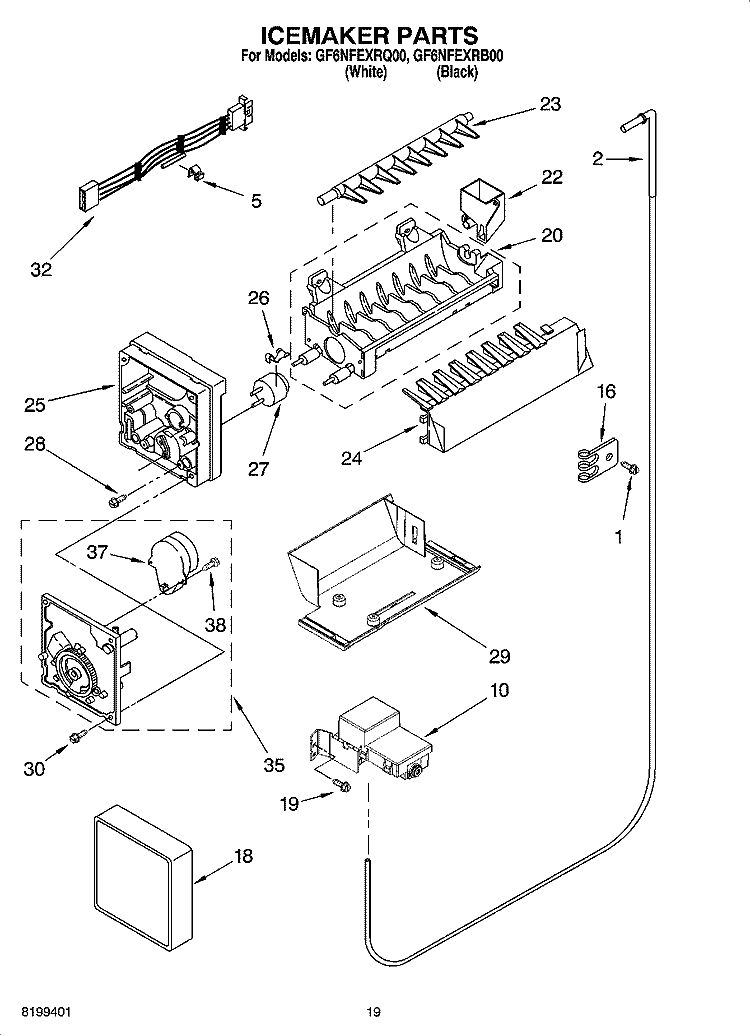 ICEMAKER PARTS, OPTIONAL PARTS Diagram and Parts List for GF6NFEXRQ00  Whirlpool Refrigerator
