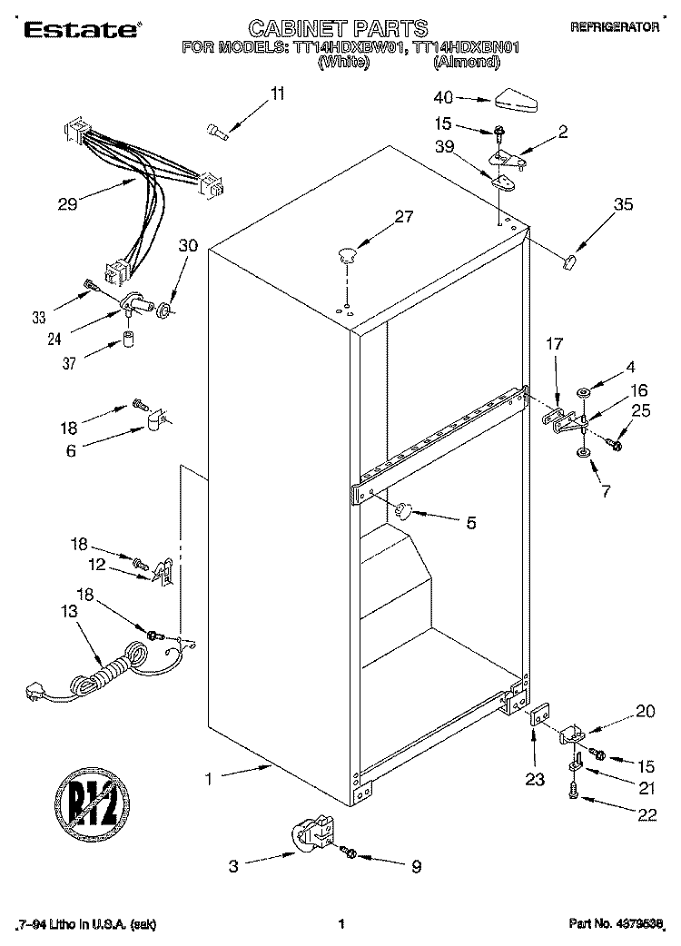 CABINET Diagram and Parts List for TT14HDXBN01  Estate Refrigerator