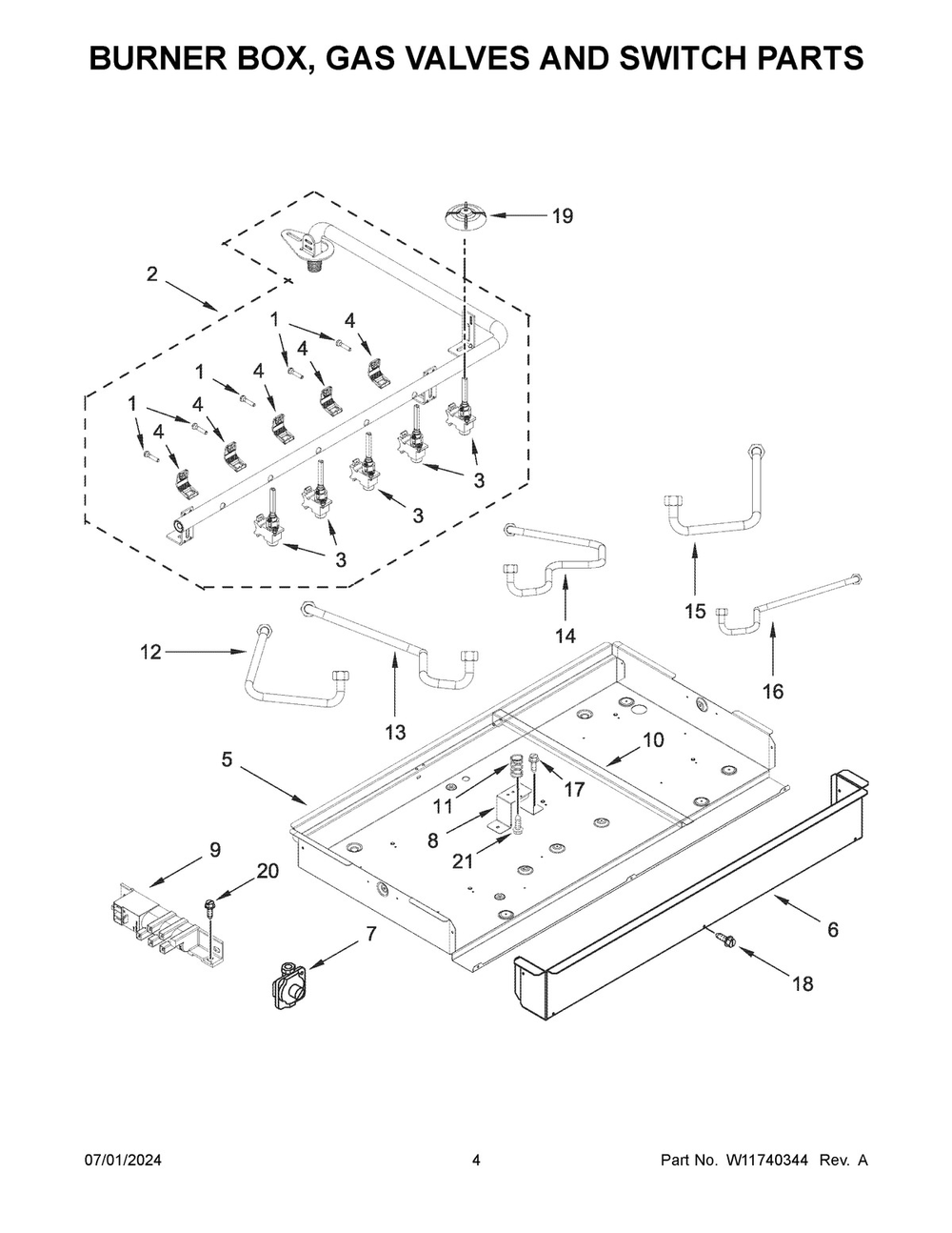 03 - Burner Box, Gas Valves And Switch Parts Diagram and Parts List for KCGG530PBL01  Whirlpool Cooktop