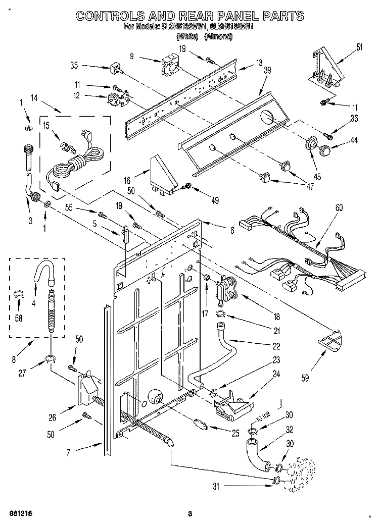 CONTROLS AND REAR PANEL Diagram and Parts List for 8LSR5132BW1  Whirlpool Washer