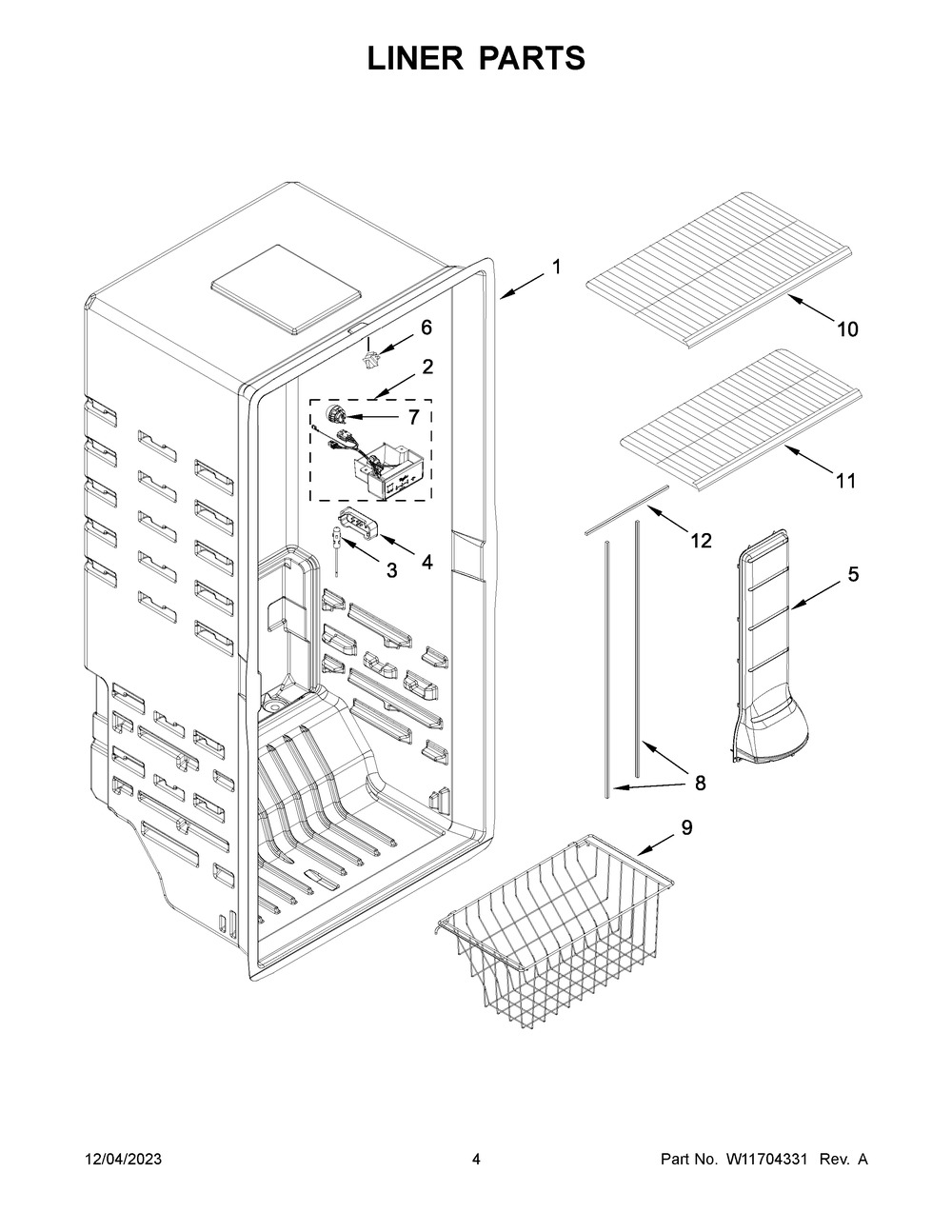 Liner Parts Diagram and Parts List for WZF34X20DW06  Whirlpool Freezer